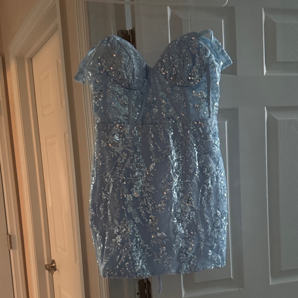 Sparkling Light Blue Off the shoulder Dress with clear invisible straps